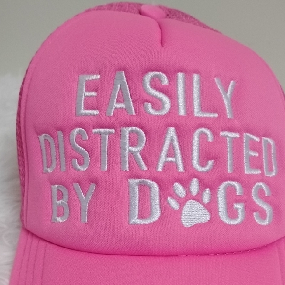 NWOT "EASILY DISTRACTED BY DOGS" Pink White Dog Lover's Statement Trucker Hat - Picture 9 of 11